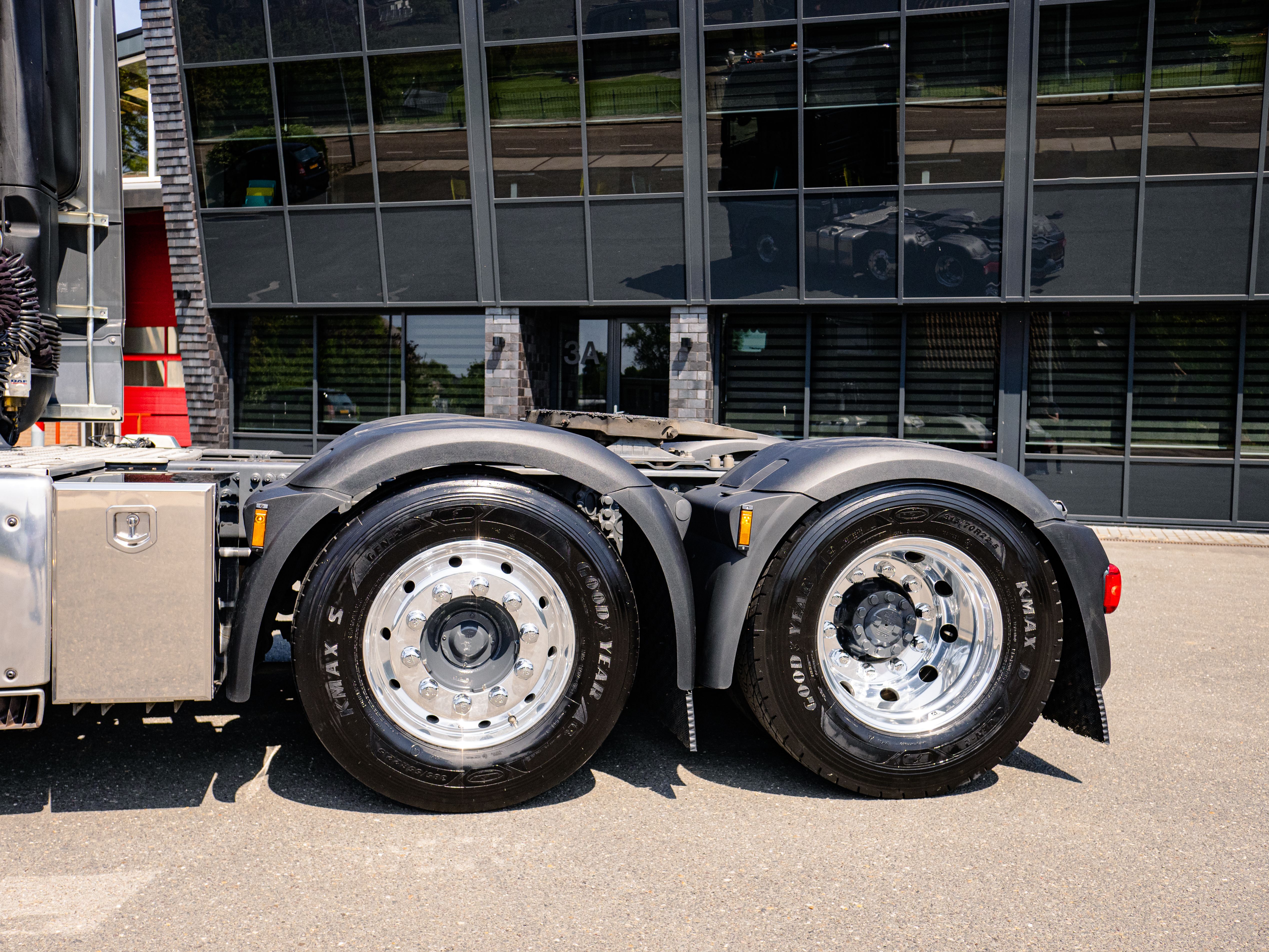 Commercial truck wheel set viewed from the axle area